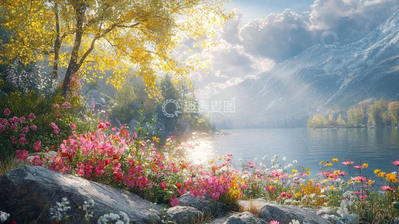 高清大图下载【趣麦麦图】秋日湖边鲜花盛开