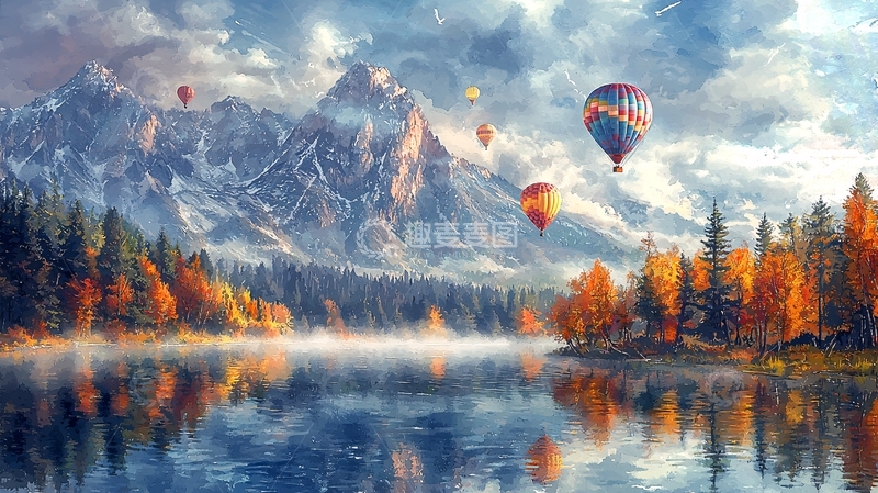 高清大图下载【趣麦麦图】秋日雪山热气球湖泊