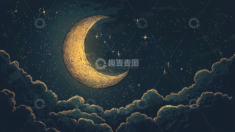 高清大图下载【趣麦麦图】夜空中弯月与云朵