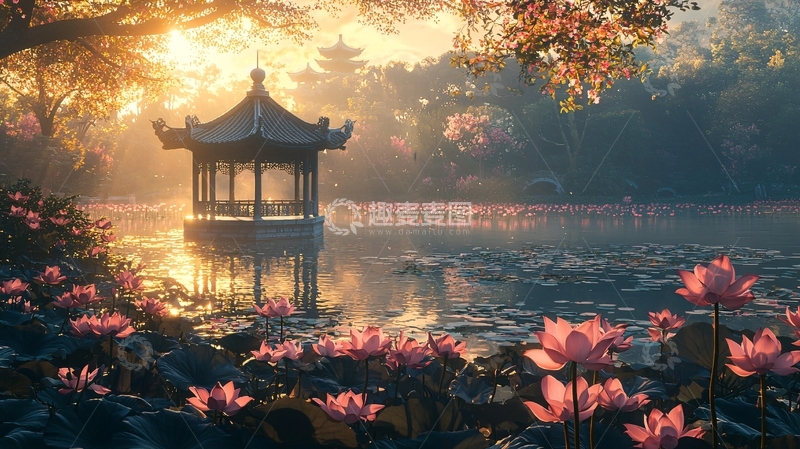 高清大图下载【趣麦麦图】清晨中式园林亭台