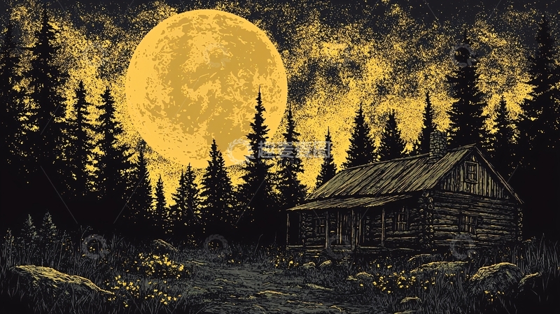高清大图下载【趣麦麦图】黄月亮下的森林小屋