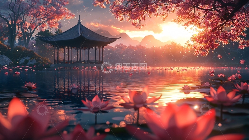 高清大图下载【趣麦麦图】日落余晖下的中式亭台