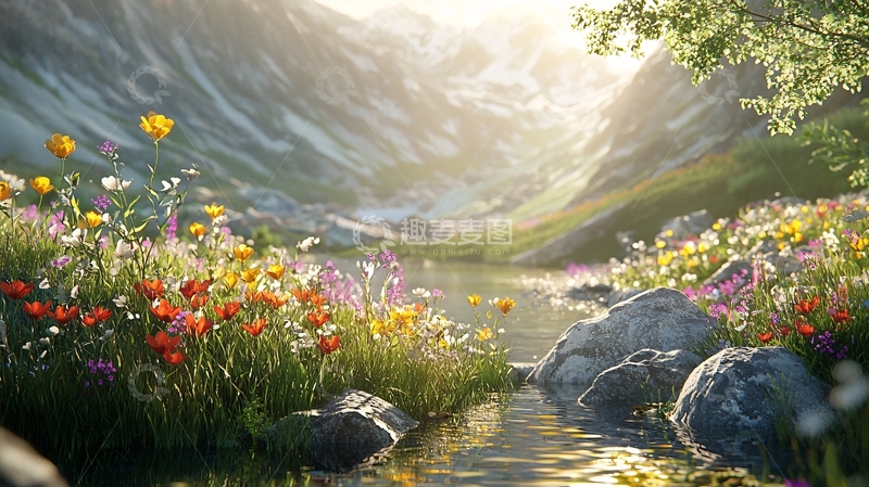 高清大图下载【趣麦麦图】鲜花盛开的山谷流水
