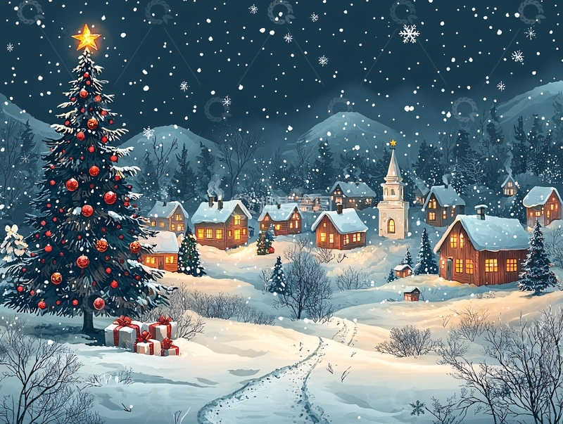 高清大图下载【趣麦麦图】冬夜雪景圣诞村庄