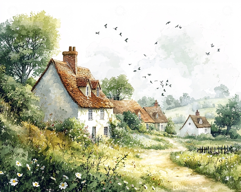 高清大图下载【趣麦麦图】水彩画乡村风景