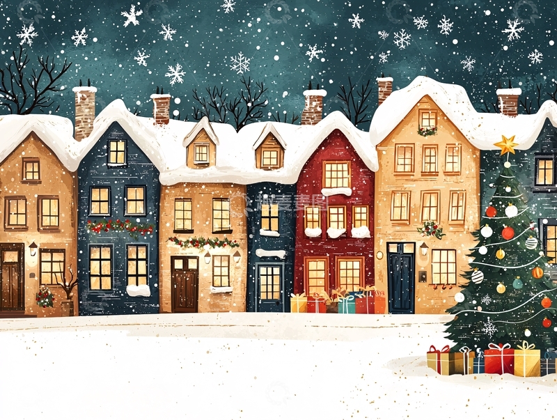高清大图下载【趣麦麦图】雪夜圣诞小镇房屋