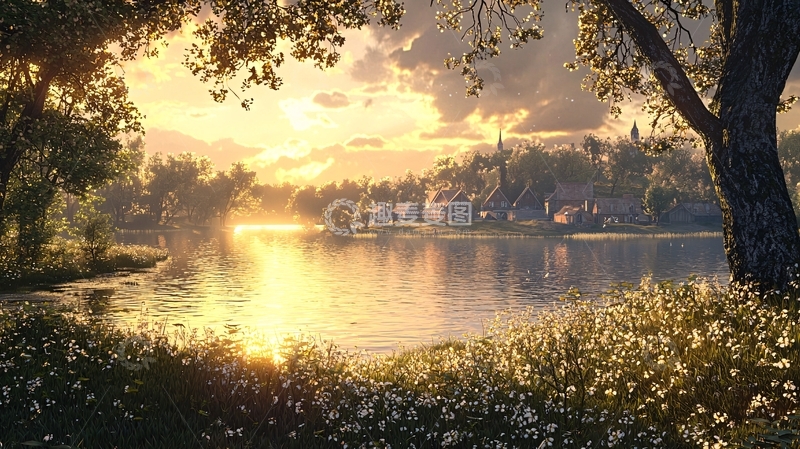 高清大图下载【趣麦麦图】夕阳西下湖边小镇