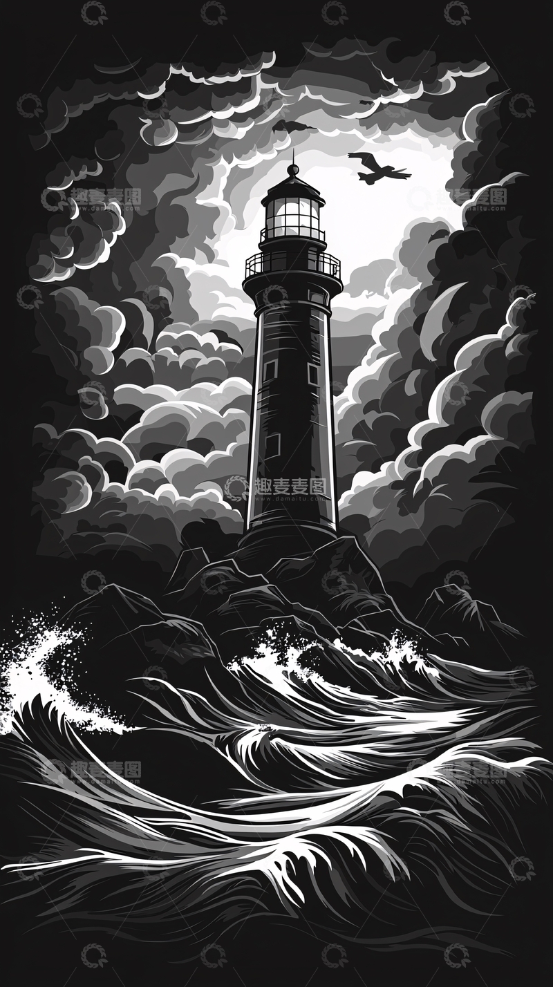 高清大图下载【趣麦麦图】黑夜暴风雨中的灯塔