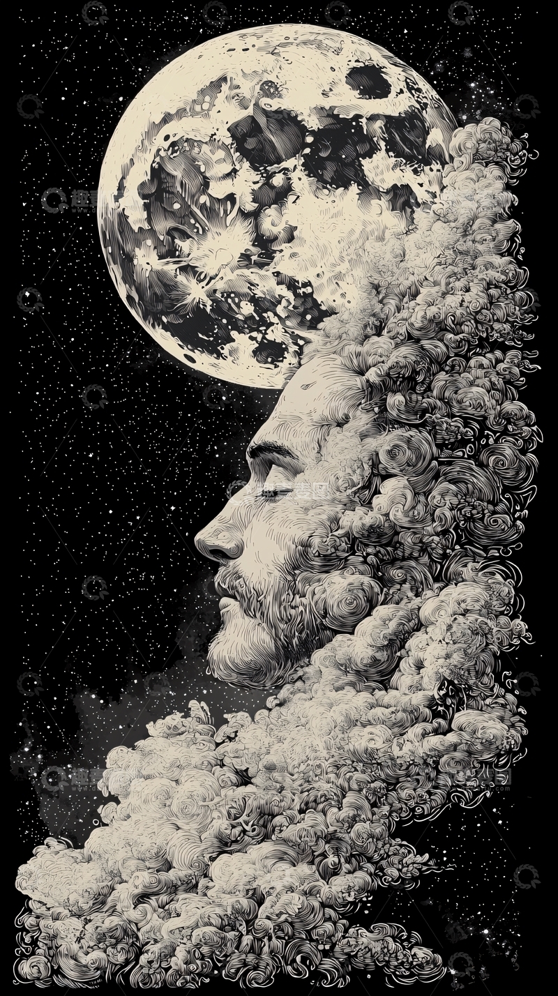 高清大图下载【趣麦麦图】梦幻烟雾男子侧脸月亮