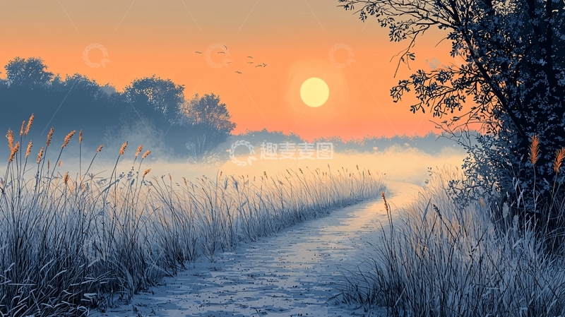 高清大图下载【趣麦麦图】冬日清晨雾气弥漫的田野小路