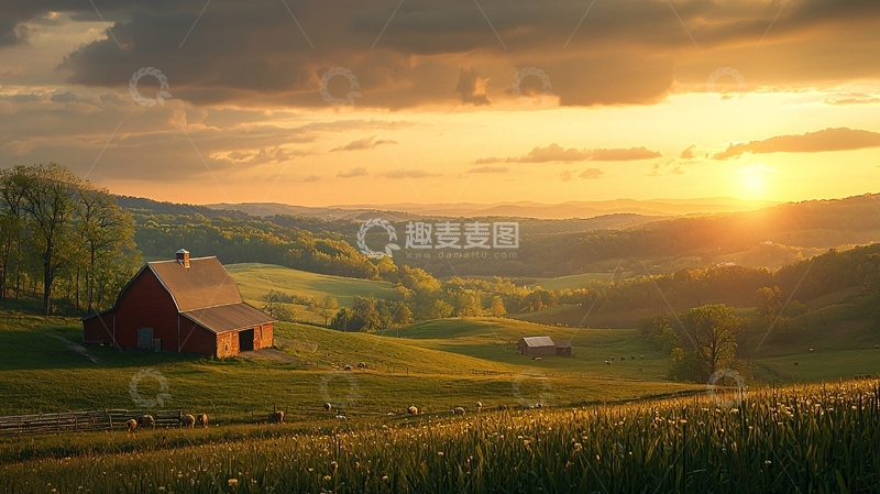 高清大图下载【趣麦麦图】田园风光日落时分