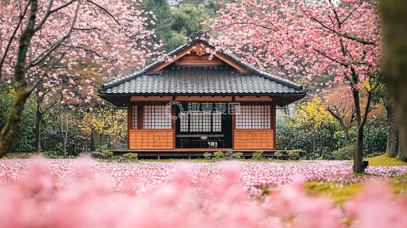 高清大图下载【趣麦麦图】樱花树下的日式小屋
