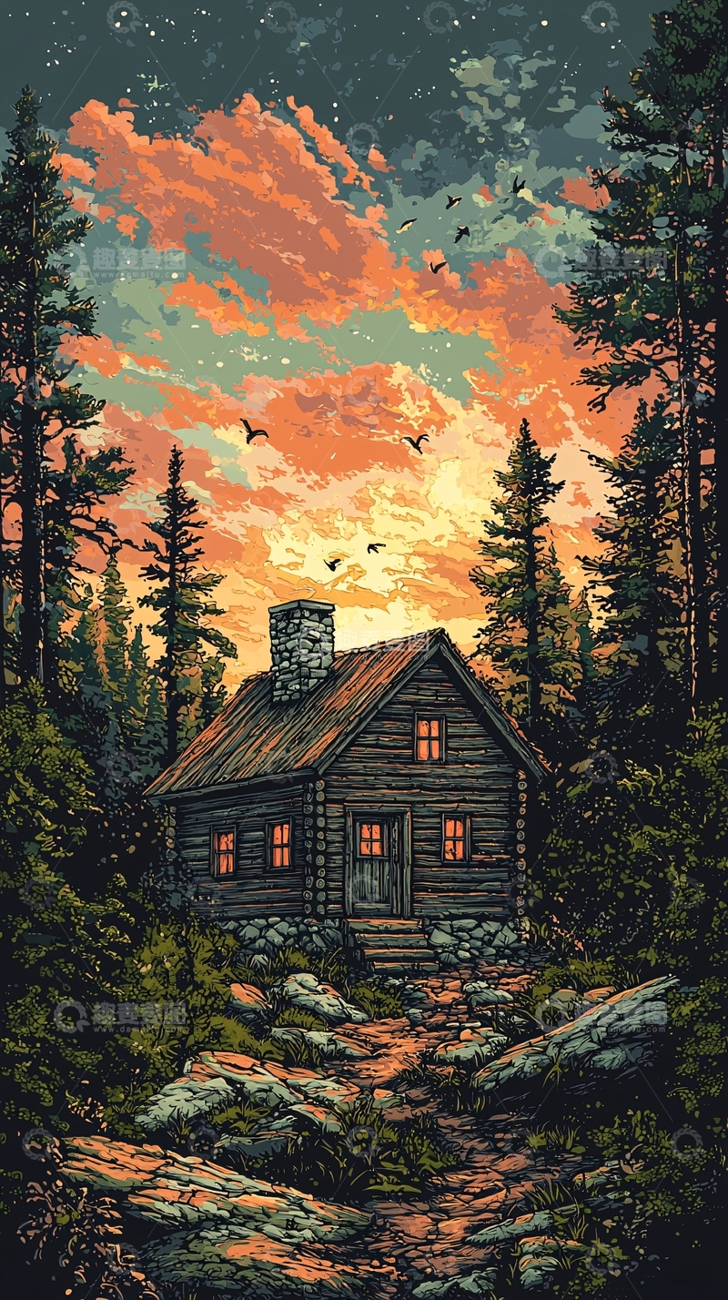 高清大图下载【趣麦麦图】森林小屋日落