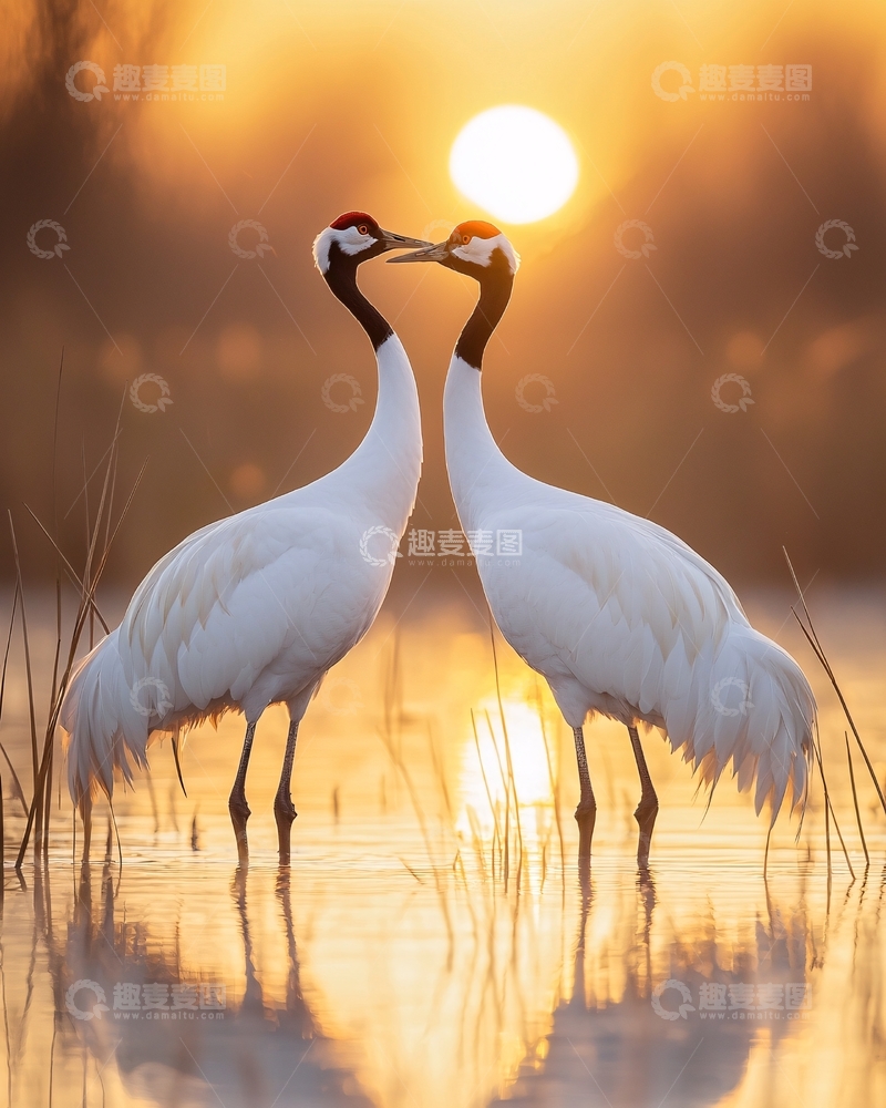 高清大图下载【趣麦麦图】日出时分丹顶鹤接吻
