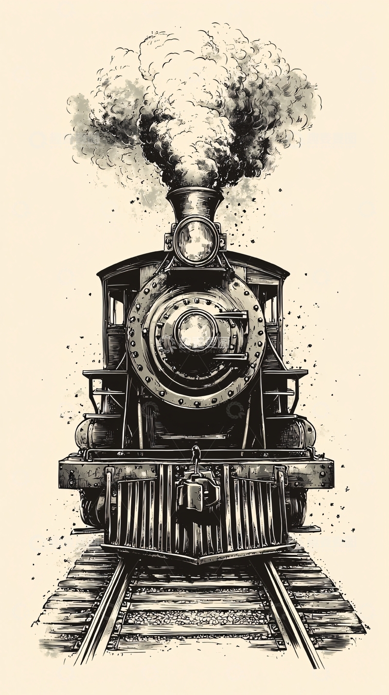 高清大图下载【趣麦麦图】蒸汽火车黑白手绘图