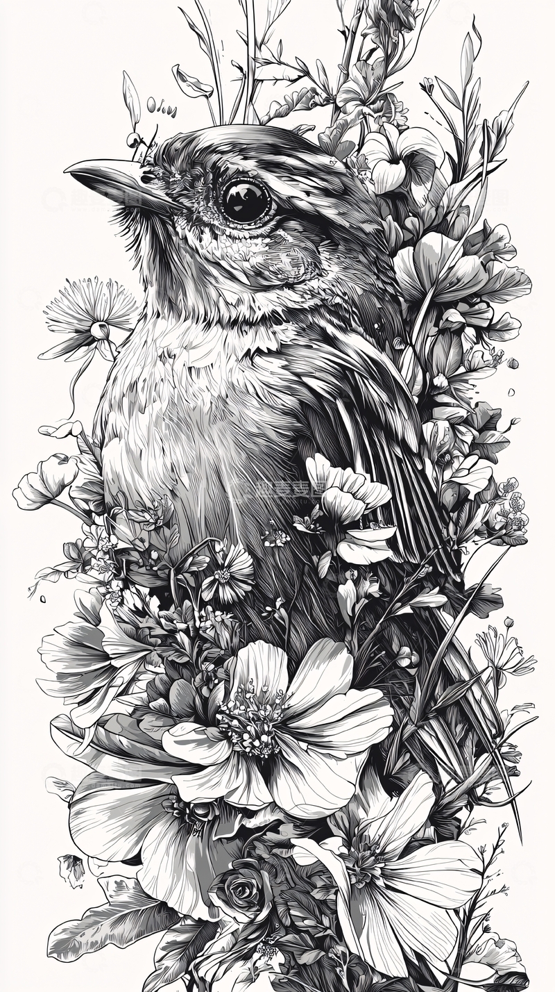 高清大图下载【趣麦麦图】黑白手绘鸟类花卉图