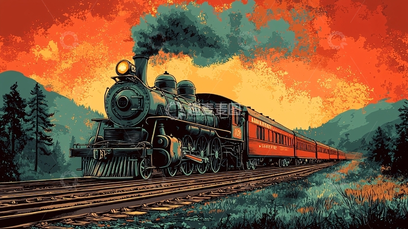 高清大图下载【趣麦麦图】蒸汽火车山峦日落