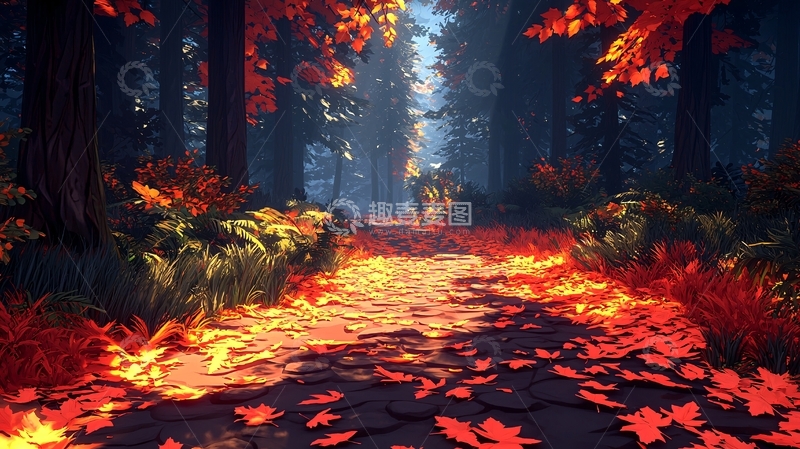高清大图下载【趣麦麦图】燃烧的秋叶小路