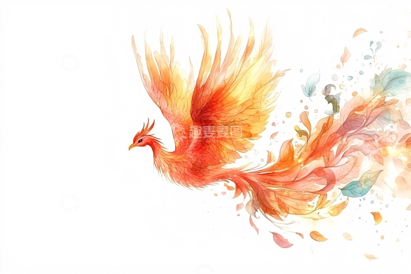 高清大图下载【趣麦麦图】金色凤凰飞舞水彩画