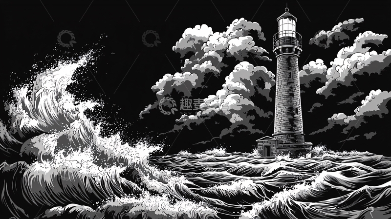 高清大图下载【趣麦麦图】黑白像素风海浪灯塔