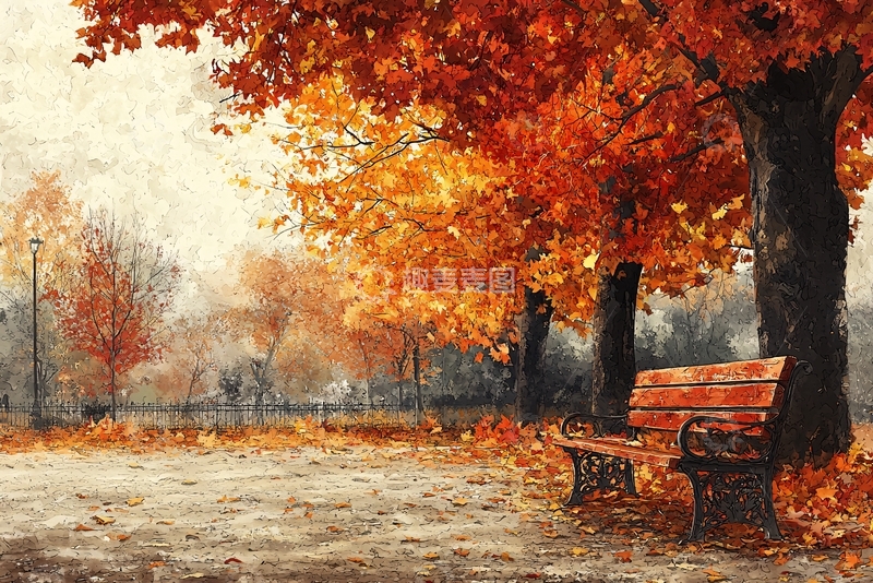 高清大图下载【趣麦麦图】秋日公园长椅