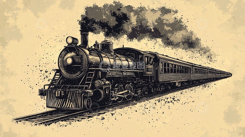 高清大图下载【趣麦麦图】复古蒸汽火车手绘图