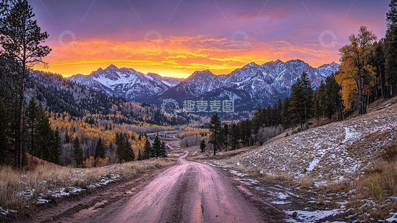 高清大图下载【趣麦麦图】山路日落雪山景色