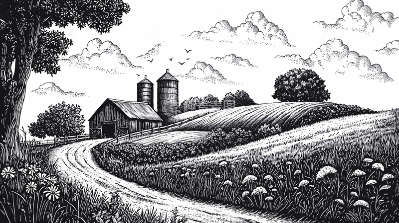 高清大图下载【趣麦麦图】乡村田园风景铅笔画