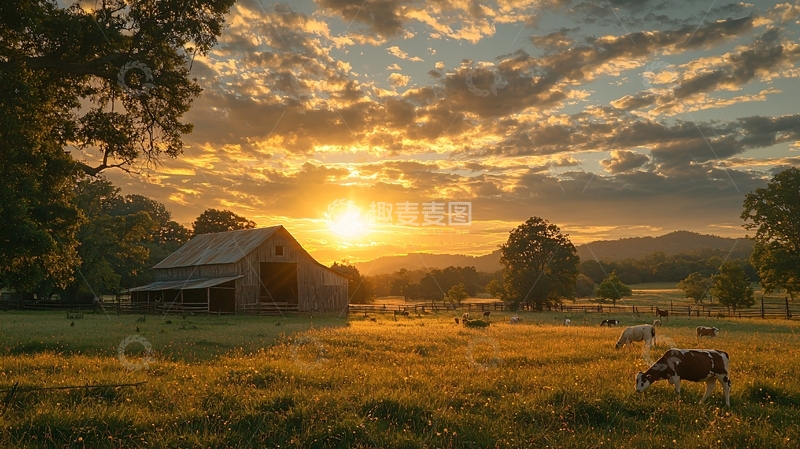 高清大图下载【趣麦麦图】日落下的乡间老宅