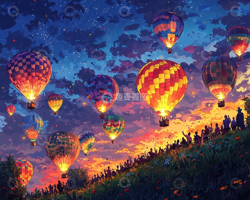 高清大图下载【趣麦麦图】夜晚热气球