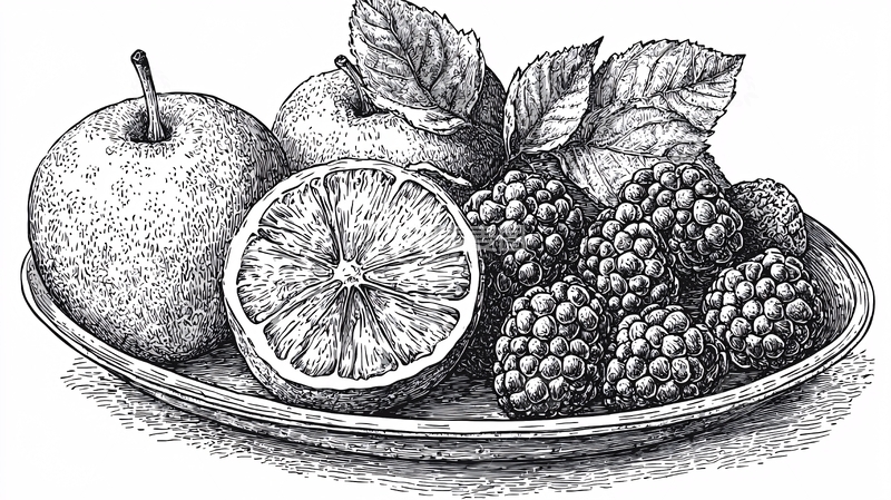 高清大图下载【趣麦麦图】盘中苹果柠檬黑莓素描