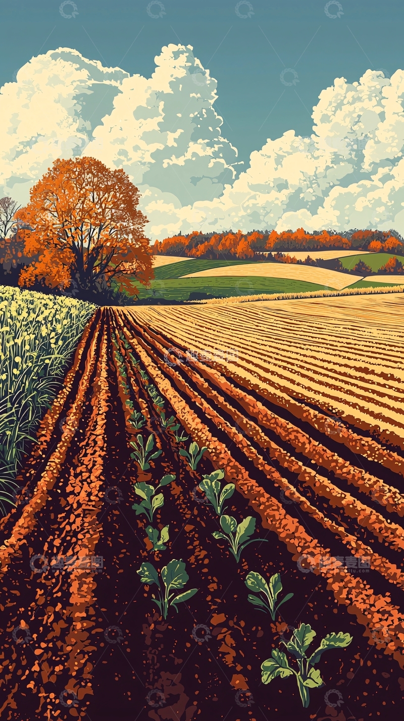 高清大图下载【趣麦麦图】秋收时节田园风光图