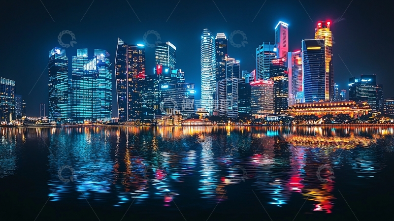高清大图下载【趣麦麦图】新加坡夜景水面倒影