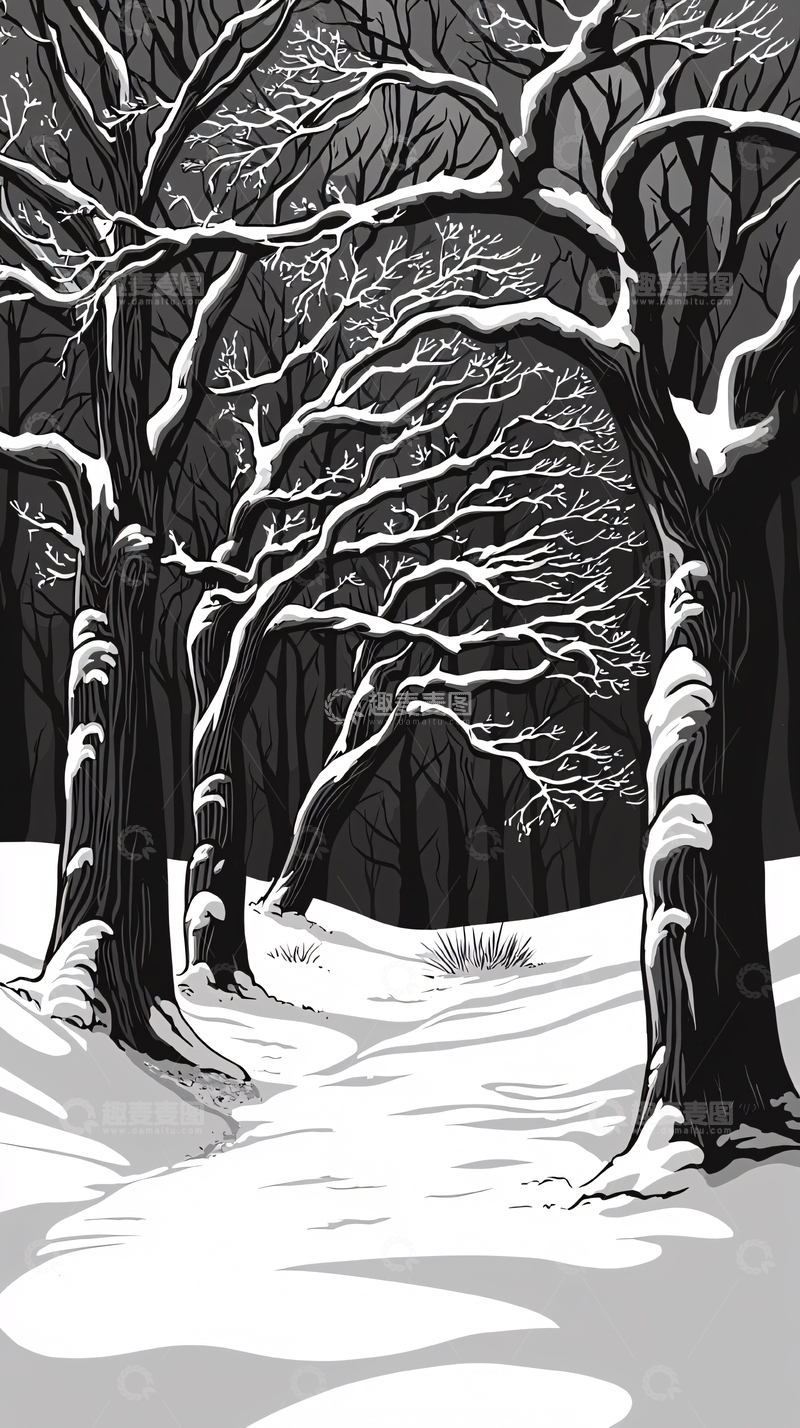 高清大图下载【趣麦麦图】雪地树林黑白画