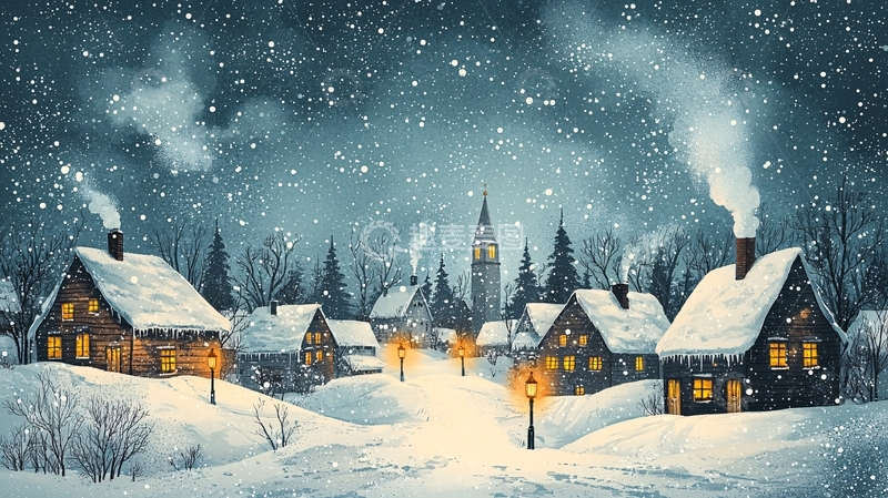 高清大图下载【趣麦麦图】下雪的夜晚小镇