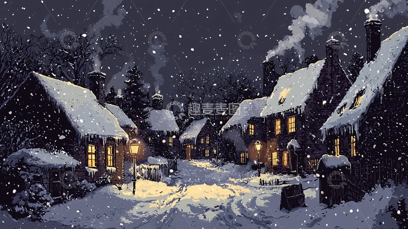高清大图下载【趣麦麦图】冬夜雪景小镇