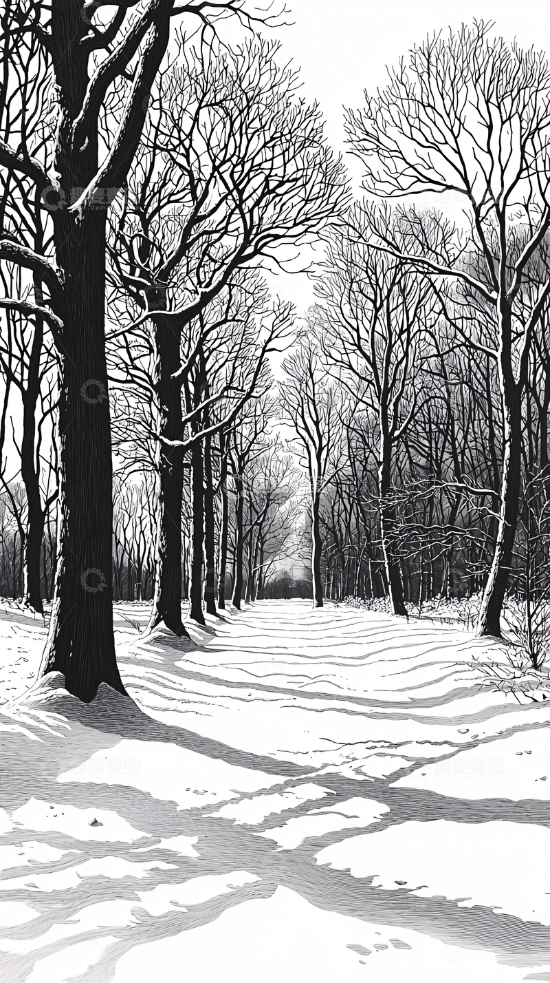 高清大图下载【趣麦麦图】雪地树林黑白画