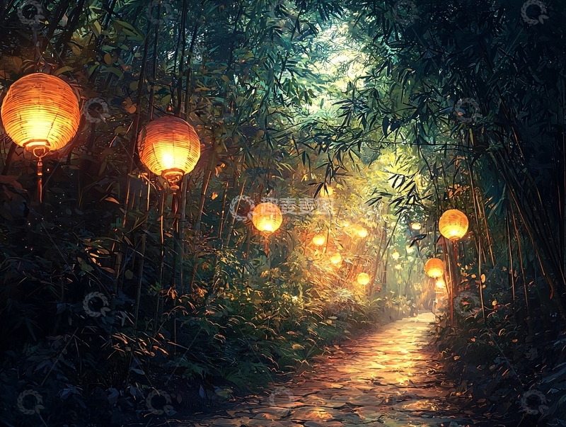 高清大图下载【趣麦麦图】幽静森林小路灯笼