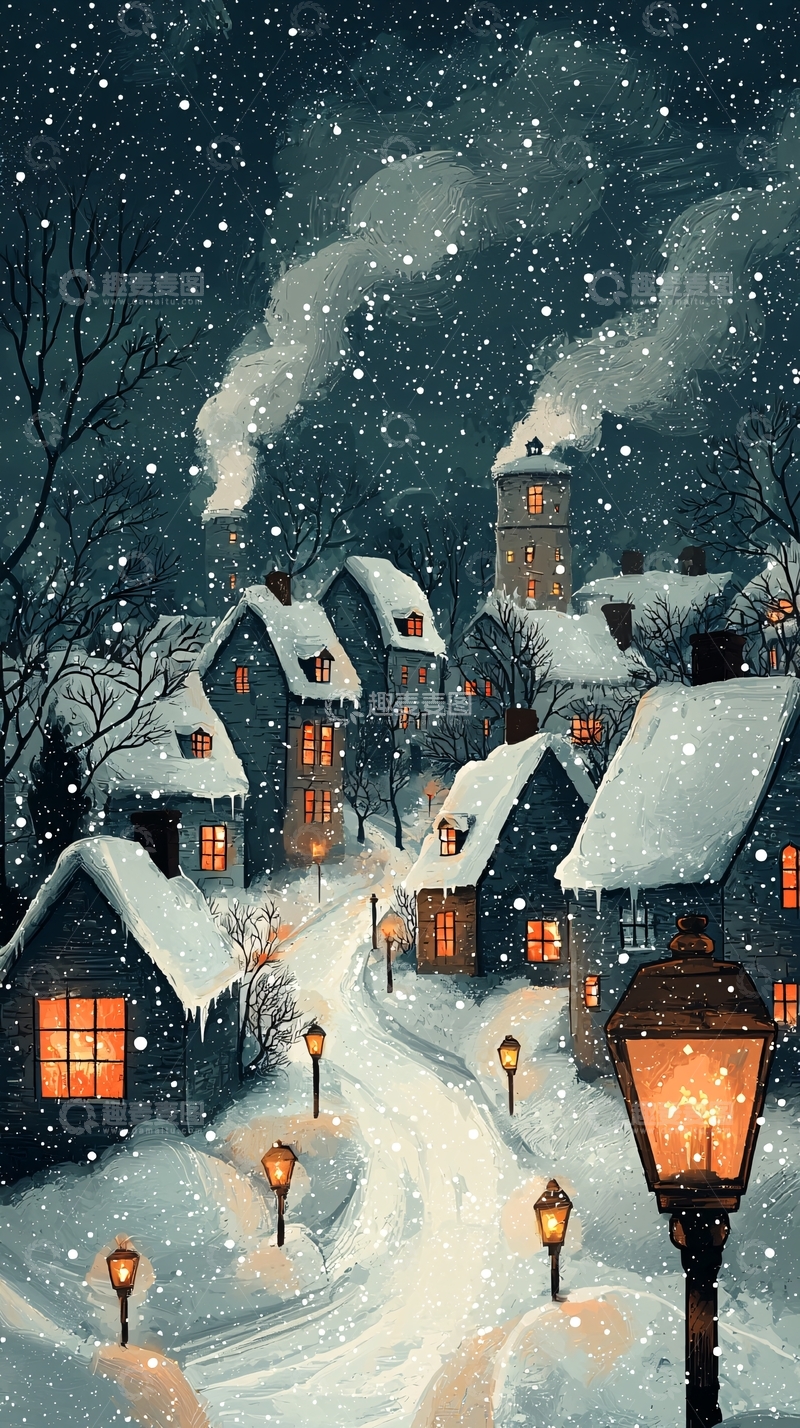 高清大图下载【趣麦麦图】下雪的夜晚小镇