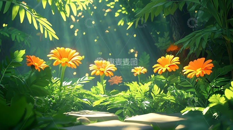 高清大图下载【趣麦麦图】阳光森林橙色花朵