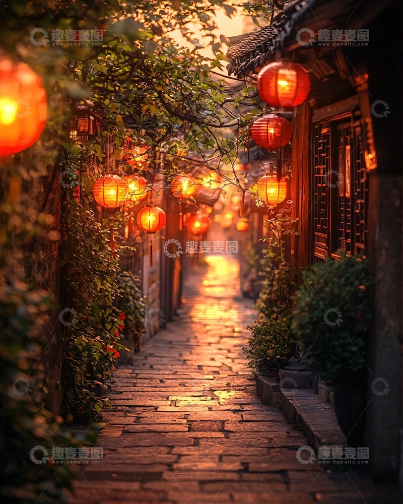 高清大图下载【趣麦麦图】古镇夜景红灯笼小路