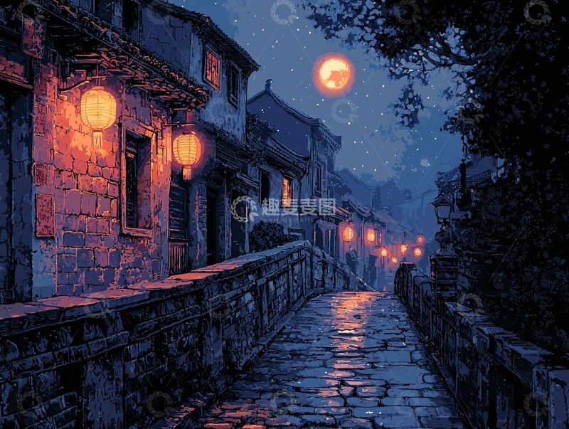 高清大图下载【趣麦麦图】夜色古镇红灯笼
