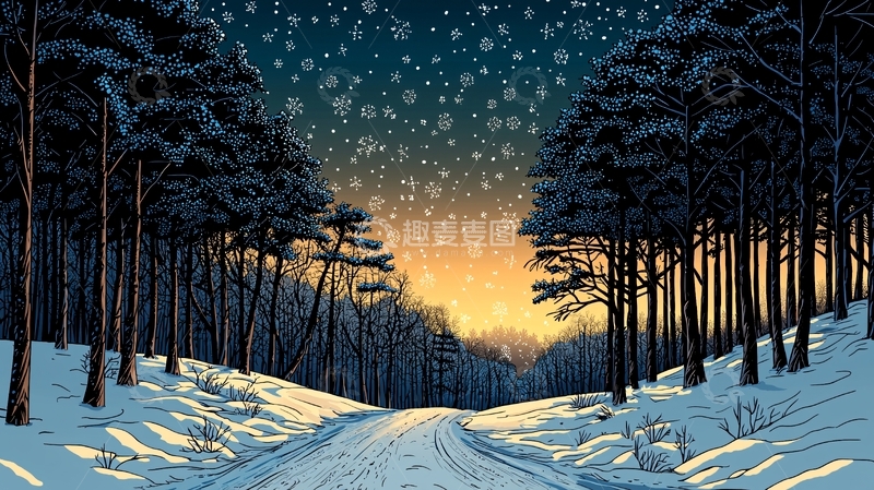 高清大图下载【趣麦麦图】冬日雪景森林公路落日