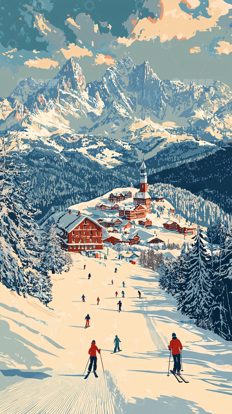 高清大图下载【趣麦麦图】阿尔卑斯山雪景村庄