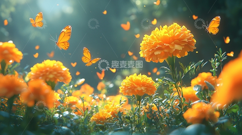 高清大图下载【趣麦麦图】梦幻金盏花蝴蝶仙境
