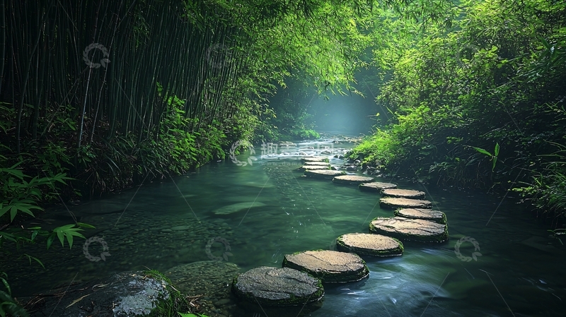 高清大图下载【趣麦麦图】竹林小溪石板路