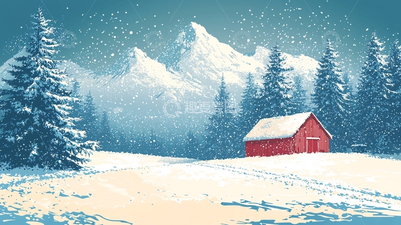 高清大图下载【趣麦麦图】雪中红房子