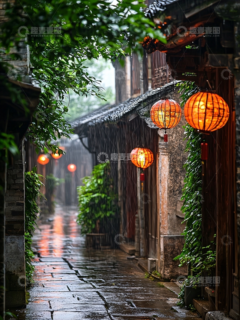 高清大图下载【趣麦麦图】雨中古镇小巷