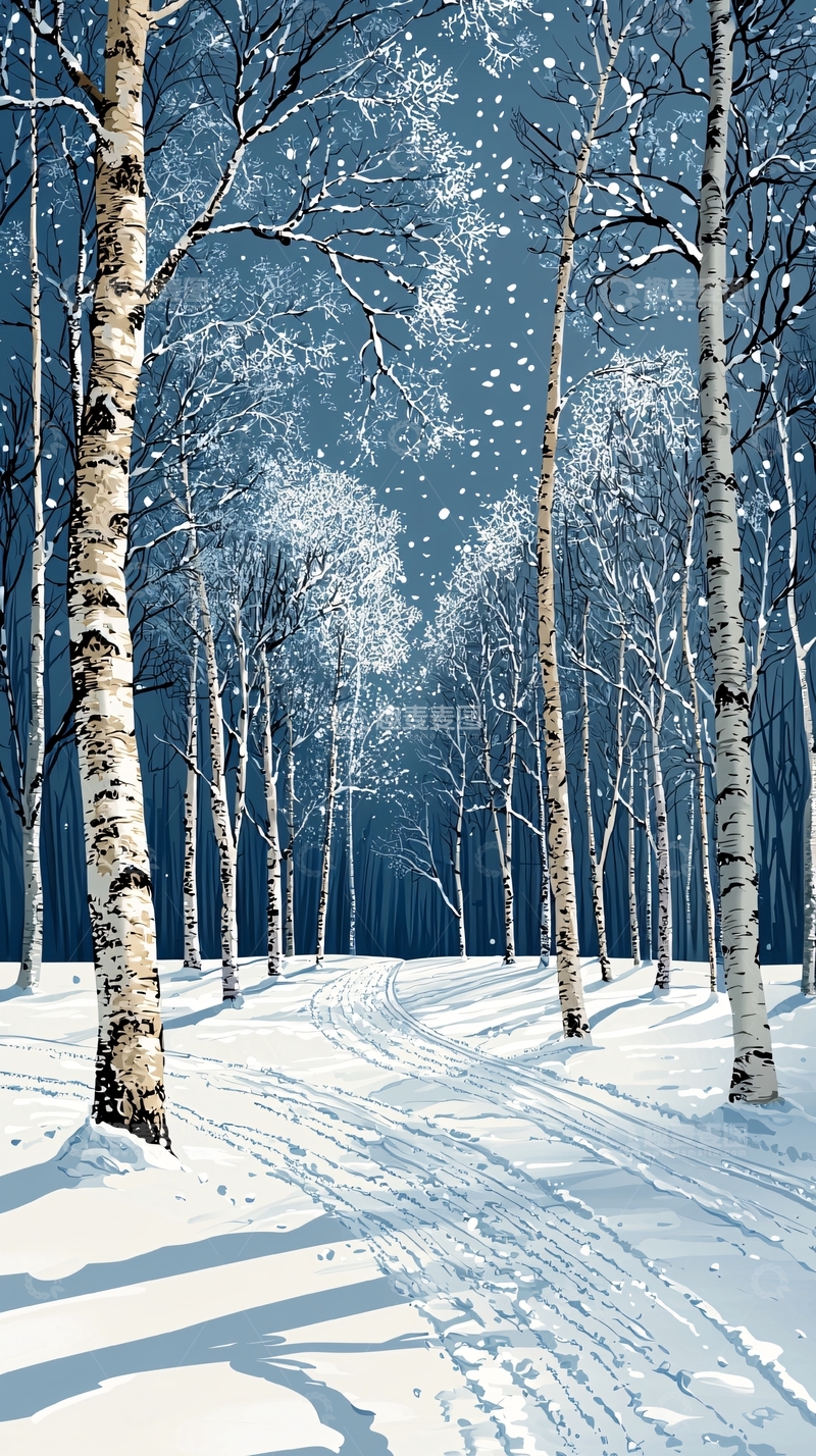 高清大图下载【趣麦麦图】冬日白桦林雪景