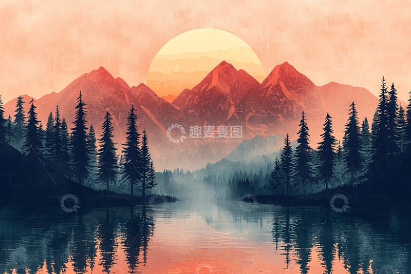 高清大图下载【趣麦麦图】日落山川湖泊景色